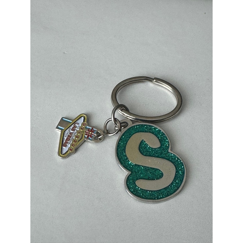 Swibco Las Vegas Keychain Initial S Green Glitter Souvenir Metal Key Ring 02734‎